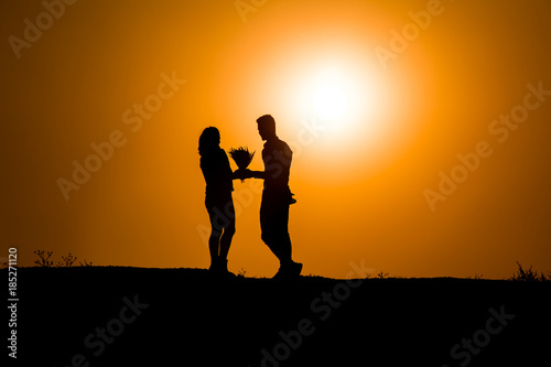 twp lovers silhouette at sunset photo