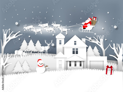 Wallpaper Mural illustration vector of Christmas and New Year, illustration of Santa Claus in the sky above the house ,paper art and craft style design concept of christmas and newyear Torontodigital.ca