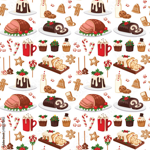 Christmas food and desserts holiday decoration xmas sweet celebration vector traditional festive winter cake homemade dish seamless pattern background.