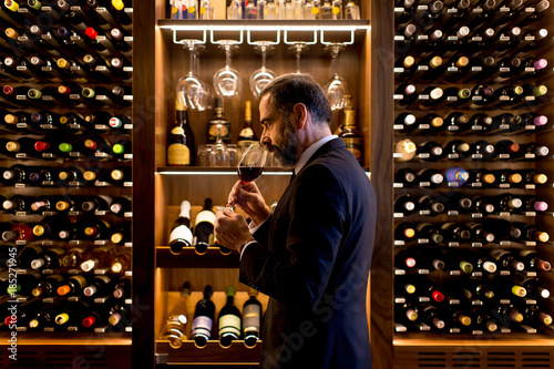 Fotografie, Obraz Handsome mature man tasting red wine