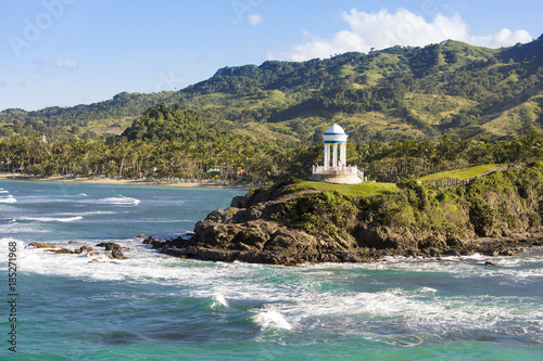 Gorgeous coastal landscape with mountains and gazebo in Dominican Republic. photo