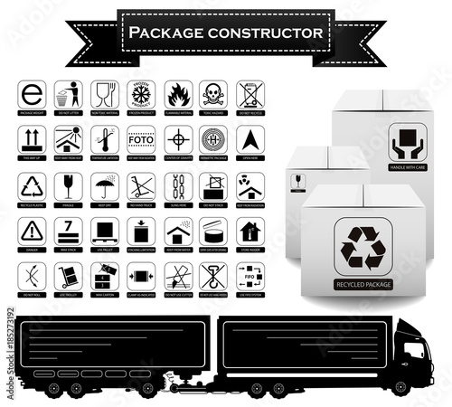 Package constructor. Packaging symbols.  Icon set including waste recycling, fragile, flammable, this side up, handle with care, keep dry and others. Vector illustration