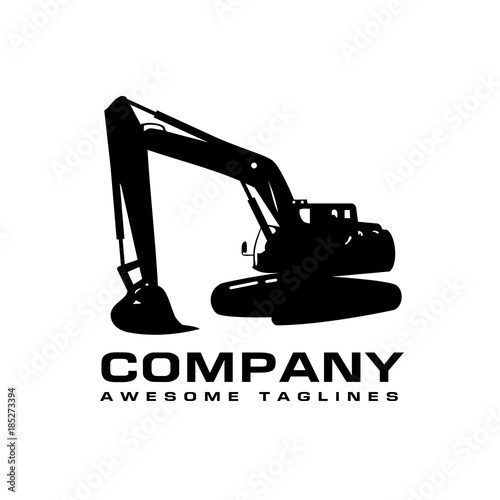 Excavators Construction machinery logo, Hydraulic mining excavator vector logo,. Heavy construction equipment symbol with boom dipper and bucket. Construction machinery for digging sand gravel or dirt