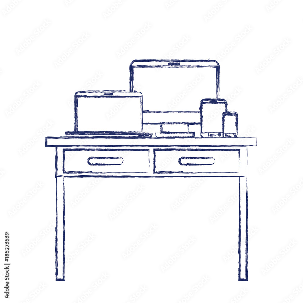 desk table with drawers front view with tech devices above in dark blue blurred silhouette
