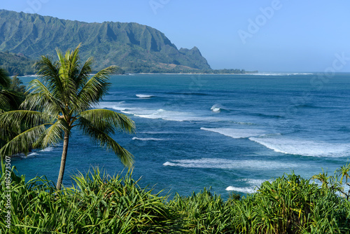Hanalei Bay - Strong blue waves in the Hanalei bay on the north shore of Kauai, Hawaii, USA. photo