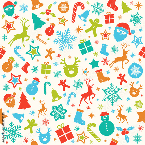 Christmas wallpaper with seamless texture with decorations. Vector. 