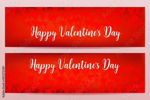 Happy Valentine's Day banners with defocused chaotic blurred hearts. Red color. photo