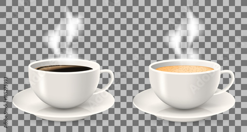 Tableau sur toile Two hot cups of coffee with steam on saucers