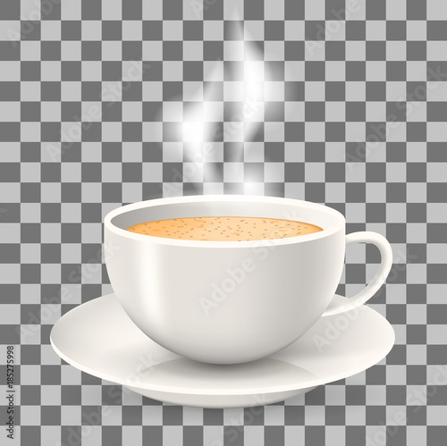 Hot cup of coffee with steam on saucer. Element on the transparent background. Cappuccino and latte coffee.