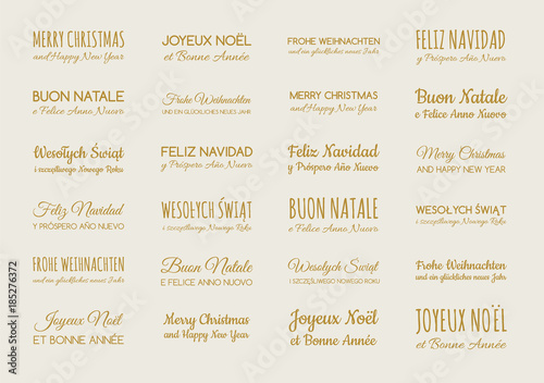 Christmas wishes in different languages: English, French, Spanish, German and Polish. Vector.