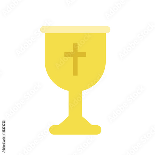 Golden cup or goblet chalice for Christian worship. Liturgical vessel for sacramental wine or holy communion. Isolated flat vector illustration