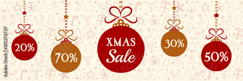 Xmas Sale - poster with ornaments. Vector.