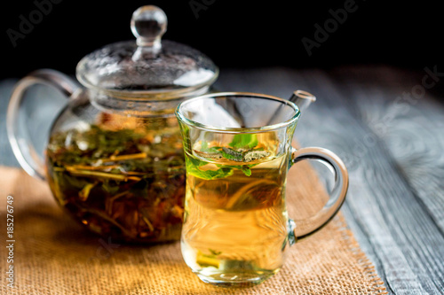 Herbal tea with honey and mint leaves