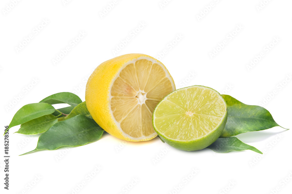 pieces of yellow and green lemon with branches, isolate with shadow on white background pieces of yellow and green lemon with branches, isolate with shadow on white background