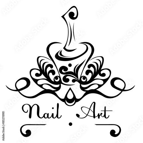 Nail art abstract vector logo bottle of nail polish with a brush, nail decoration with decorative patterns.
