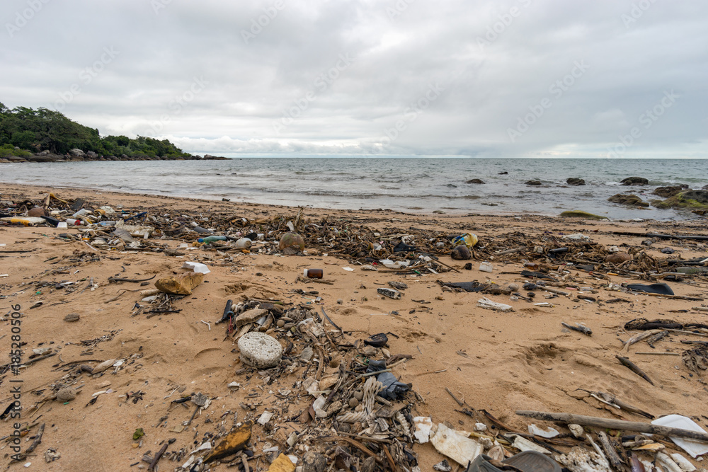 The problem of pollution and ecology of the sea shore and the ocean. Garbage on the coastline and in the world ocean.