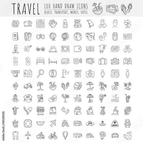 Travel hand draw icons. Icon lined cartoon collection about adventure, outdoor activities, beach, summer, travelling, get a vacation and extremal sport. Traveling icon set