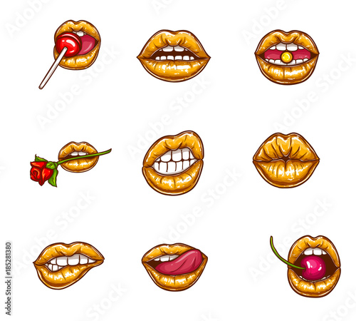 Pop art vector set of sexy female lips in gold lipstick with sparkles, seductive, kissing, bitten, with tongue, lollipop, cherry, rose, candy. Glossy, glamour mouths isolated on background.
