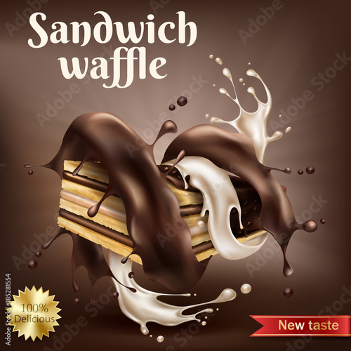 Vector realistic sweet crispy waffle with chocolate and creamy filling wrapped in spiral melted chocolate and milk splash isolated on brown Sandwich wafer packaging design, advertising poster template