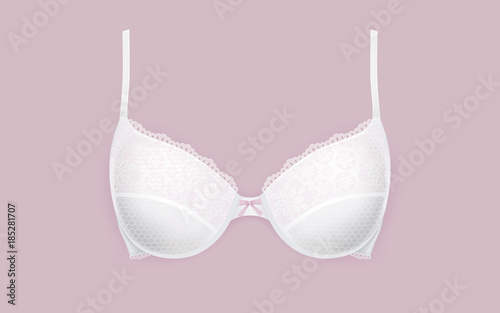 Realistic white bra with lace vector illustration isolated on light background. Element of female underwear for breast support, woman lingerie. Template for mockup, promotion leaflet, flyer, banner