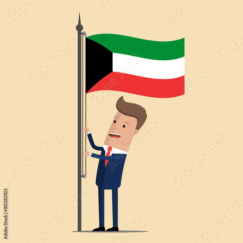 Man in suit, businessman raising waving flag of Kuwait. Vector illustration