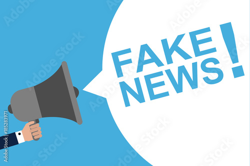 Hand Holding Megaphone With Speech Bubble FAKE NEWS! . Announcement. Vector illustration