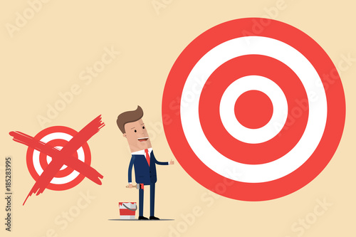 Businessman with crossed old paint help small goal and drew a large new target. Vector illustration