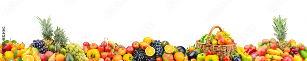 Panoramic wide photo with variety of fresh fruits and vegetables isolated on white background. Panoramic wide photo with variety of fresh fruits and vegetables isolated on white background.