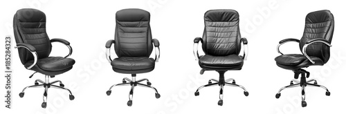 Assorted set of black leather office chairs isolated on white photo
