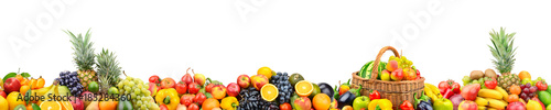 Panoramic wide photo with variety of fresh fruits and vegetables isolated on white background.