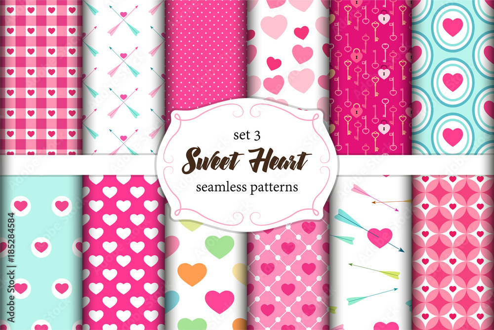 Cute set of scandinavian Sweet Heart Valentines Day seamless patterns with fabric textures