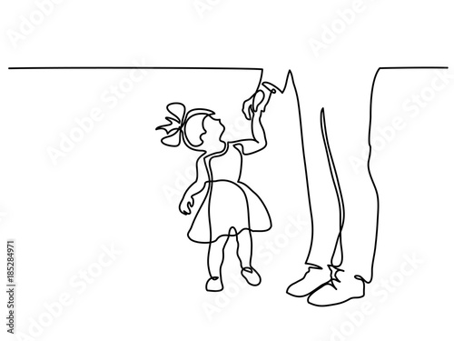 Continuous line drawing. Father and little daughter walking. Vector illustration