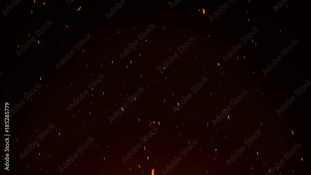 Seamless firestorm texture on black background, shot of flying fire sparks in the air