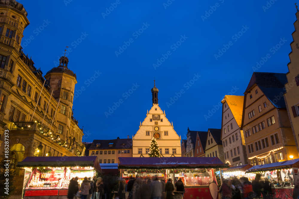 Christmas market in Rothenburg ob der Tauber, Germany during blue hour