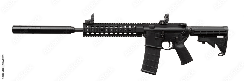 modern black carbine with a silencer isolated on white modern black carbine with a silencer isolated on white