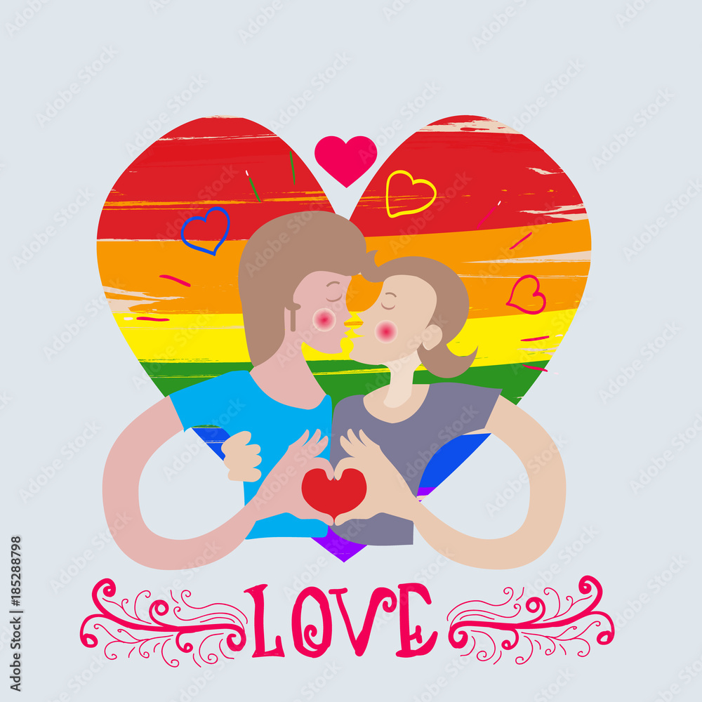 loving couple kissing pair of boys gay on heart in rainbow color Stock  Vector | Adobe Stock