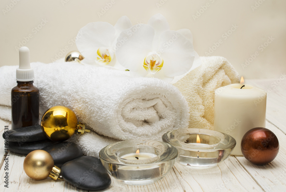 spa concept, wellness objects on wood plant , christmas background. Present holiday spa concept, wellness objects on wood plant , christmas background. Present holiday