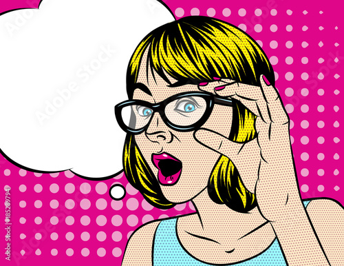Pretty girl vector cartoon illustration in pop art style. Emotional woman holding a glasses. A Woman's face with a speech bubble above halftone background