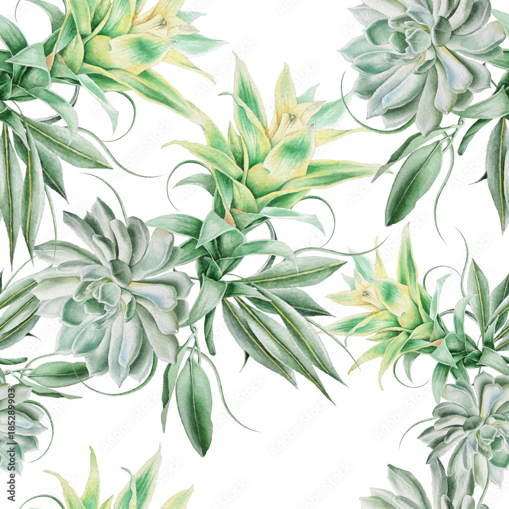 Bright seamless pattern with succulents and leaves. Watercolor illustration.  Hand drawn.
