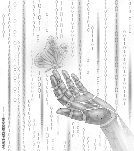 Butterfly on mechanical robot finger hand. Polygonal geometric innovation technology futurustic nature contrast concept. Binary code number android ecology vector illustration