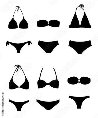 Swimming black suits and bikini icon collection different flat icons set silhouette flat style vector illustration isolated on white background website page and mobile app design