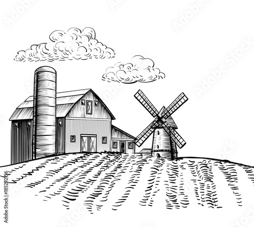 Windmill on agricultural field on background trees and rural landscape hand drawn sketch style illustration. Black and white rural farm landscape vector image