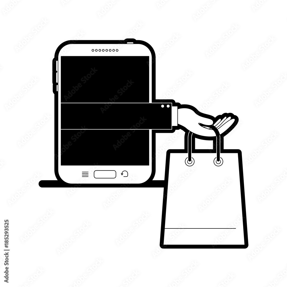 tablet device with hand holding shopping bag of purchase online in black silhouette tablet device with hand holding shopping bag of purchase online in black silhouette