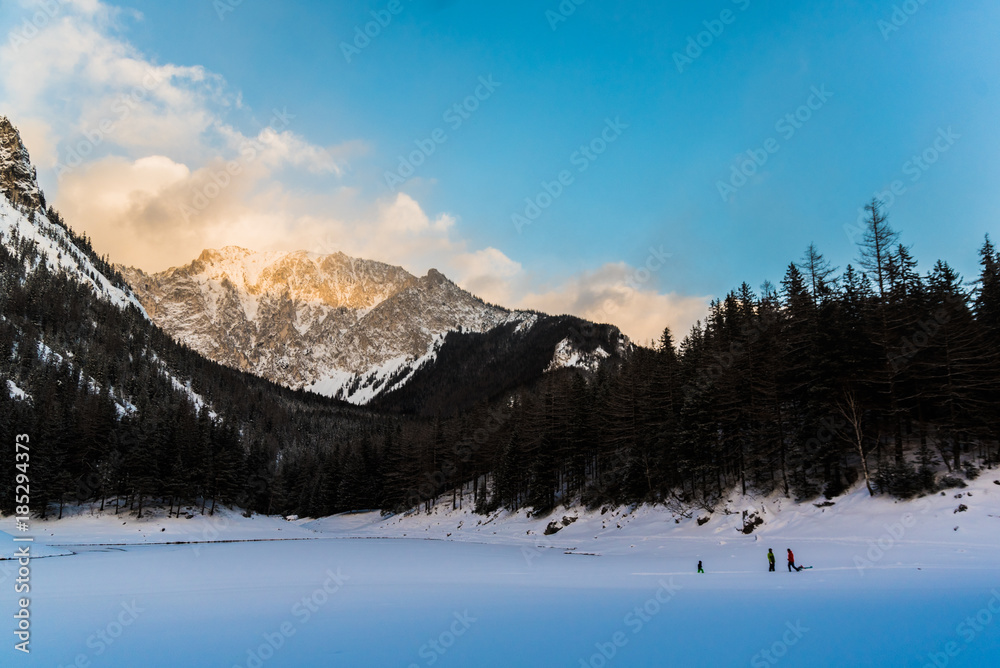 Frozen lake in  Austria alps tourist hotspot styria gruner see winter
