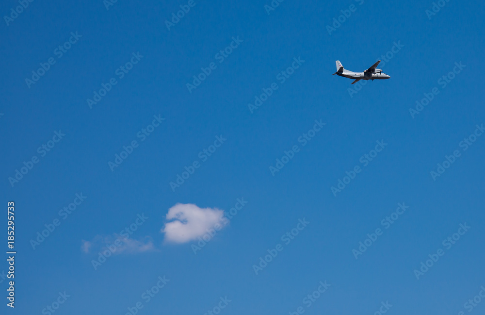 Obraz premium Aeroplane and white cloud on blu sky. Travel Concept.