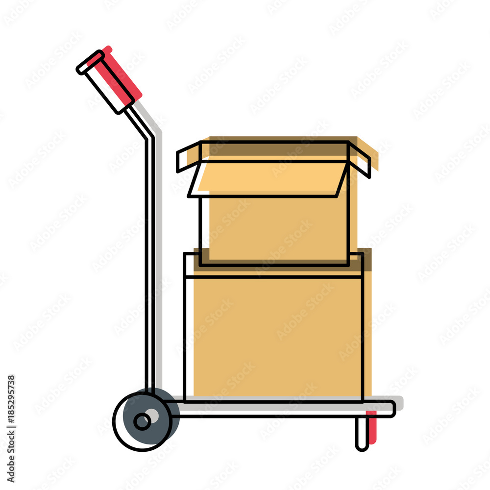 hand truck with cardboard boxes stacked and one opened in watercolor silhouette hand truck with cardboard boxes stacked and one opened in watercolor silhouette