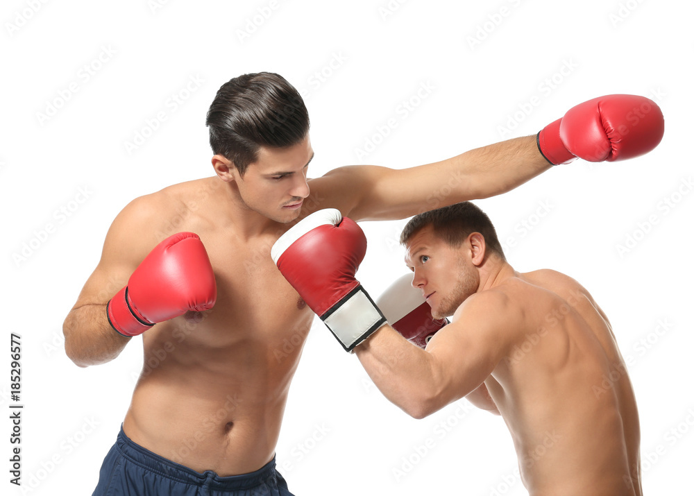 Attractive young boxers fighting on white background Attractive young boxers fighting on white background