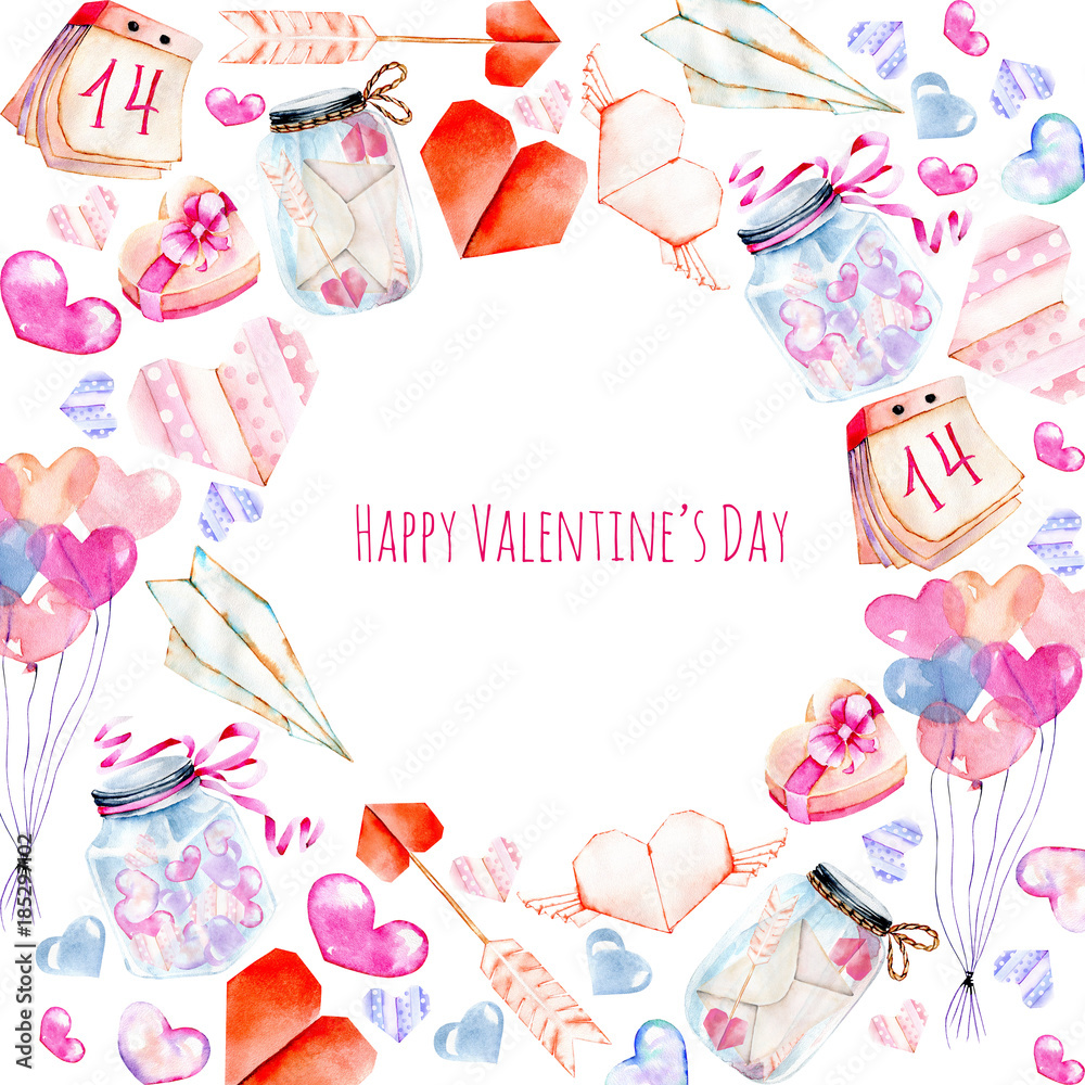 Ilustrace „Watercolor Valentine's Day elements greeting card (hearts,  origami, arrow, gift box, air balloons) hand painted on a white background,  festive design, romantic frame border“ ze služby Stock | Adobe Stock