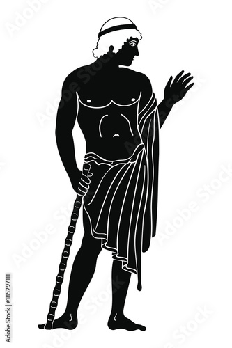 Vector vintage Greek national drawing the man stands and holds a cane in his hand. Black pattern isolated on white background.