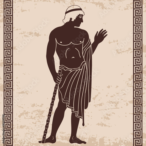 Vector vintage Greek national drawing the man stands and holds a cane in his hand. Brown pattern on a beige background with the aging effect.